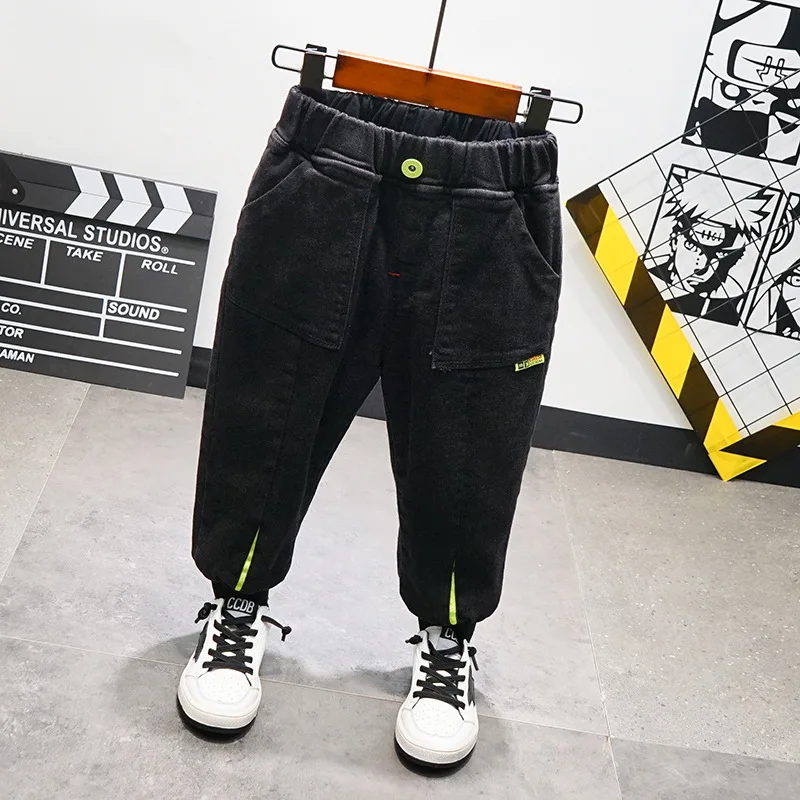 

2021 Winter New Korean Baby Boys Jeans Children's Letter Pocket Elastic Leg Plus Velvet Thick Jeans Todder Denim Pants Cowboy