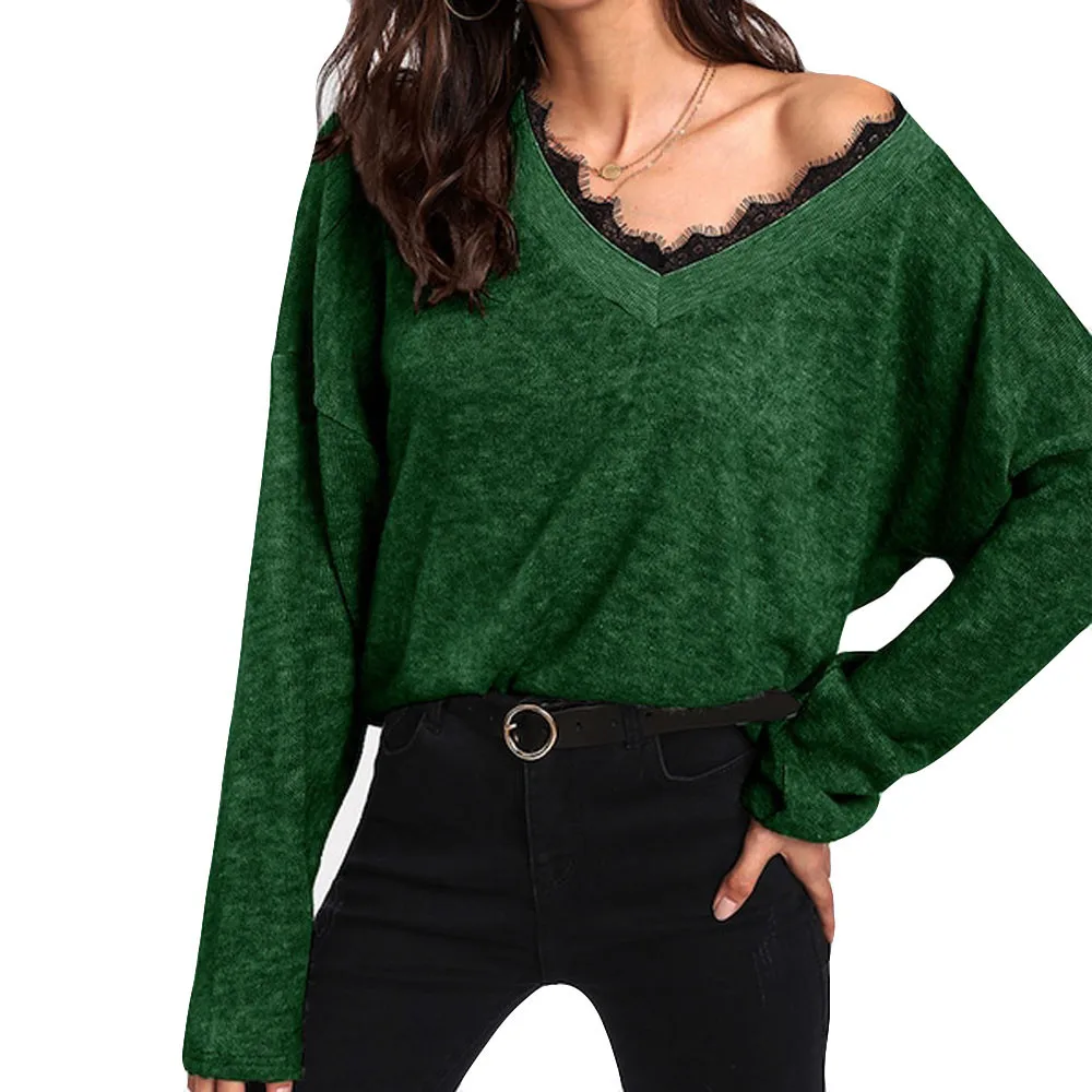 Retro Lace Tunic Knitwear Sweater Women Pullover Long Sleeve V-Neck Casual Loose Jumper Autumn Women's Knitted Tops F821 | Женская