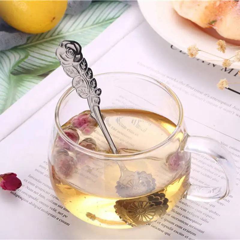 

Stainless steel Rose Flower Dessert Spoon Seasoning Spoon Coffee Mixing Spoon Minimalist Carved Small Flatware Drinking Spoon