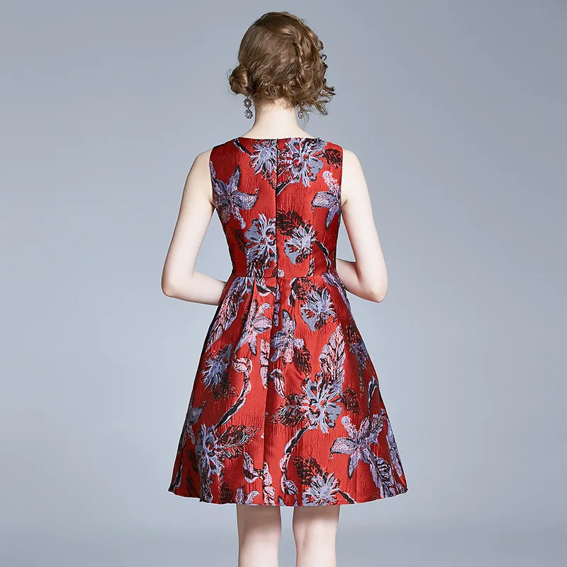 

Spring Summer Luxury Royal Vintage Hepburn Princess Red Jacquard Flower Floral Print Robe High Waist Mini Vest Ladies Dresses