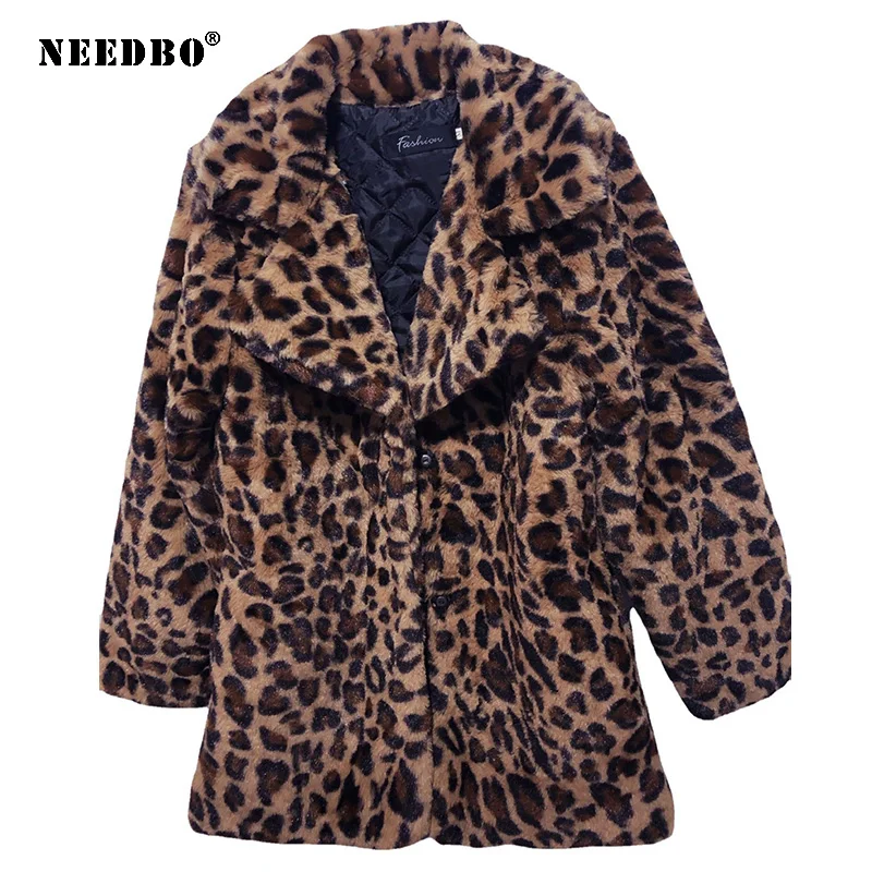 NEEDBO Faux Fur Coat Women New Winter Fashion Leopard Print Outerwear Warm Long Sleeve Artificial Fur Jacket Plush Clothing