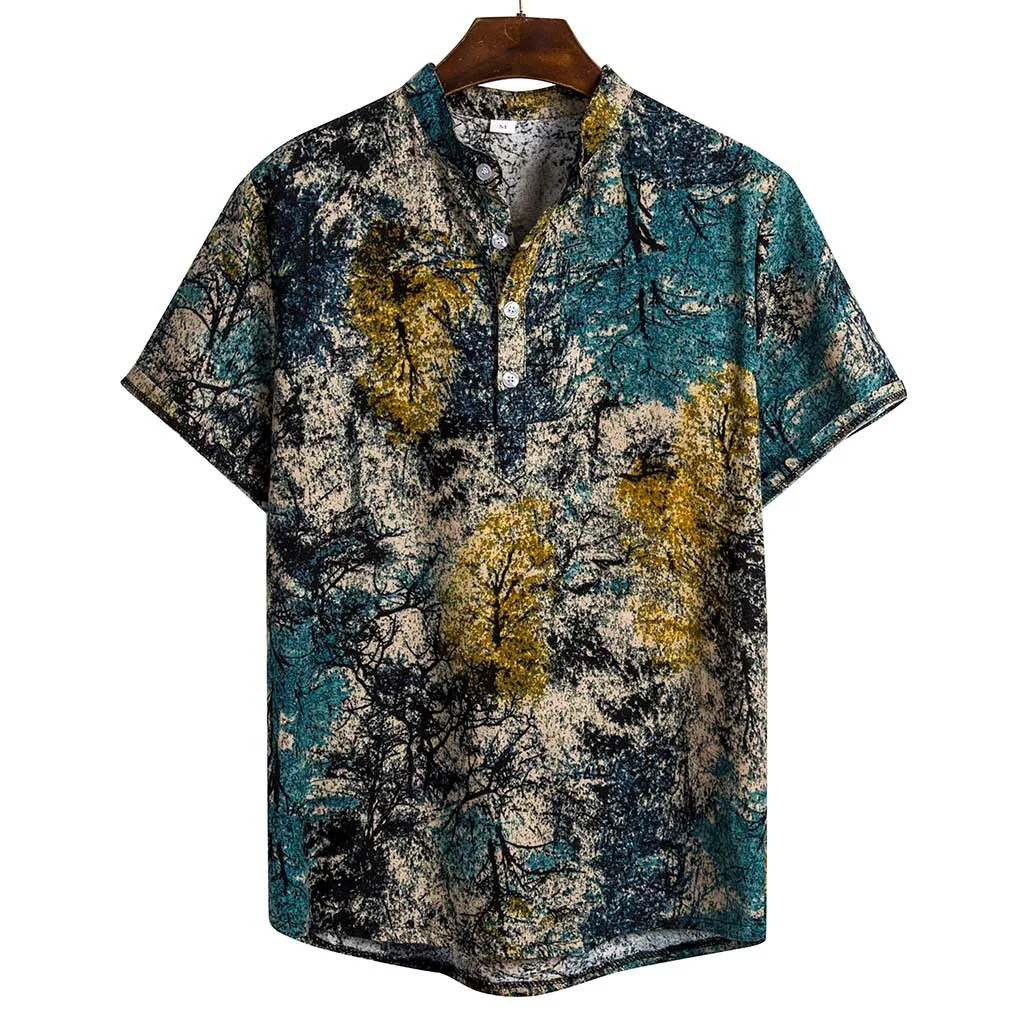 

Hawaiian Shirts Linen Shirts Men Lump Chest Button Short Sleeve Round Hem Loose Shirts Tie Henley Men Shirt camisa masculina