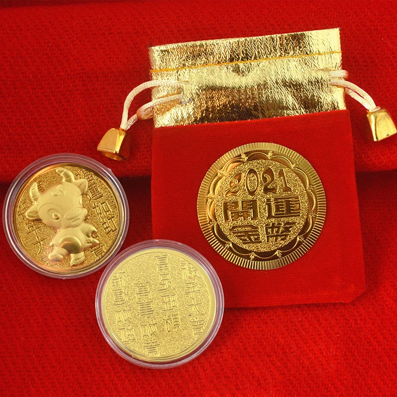 

1PC 2021 Year Of Ox Gold foil paper Commemorative Coin Zodiac Souvenir Coin New Year Gift for Home Decoration Collection Gift