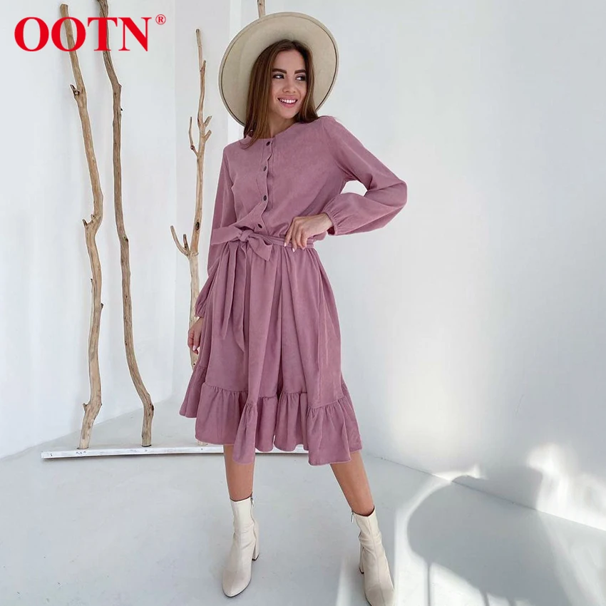 

Женское платье свободного покроя OOTN, вельветовое осеннее платье расклешенного силуэта с поясом, плиссированное платье длиной до колена с к...