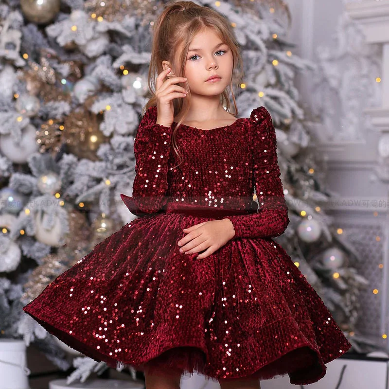 

Baby Girl Sequin Burgundy Dress Velvet Full Sleeves Flower Girl Dress Knee Length Dresses For Girls Bow Puffy First Communion