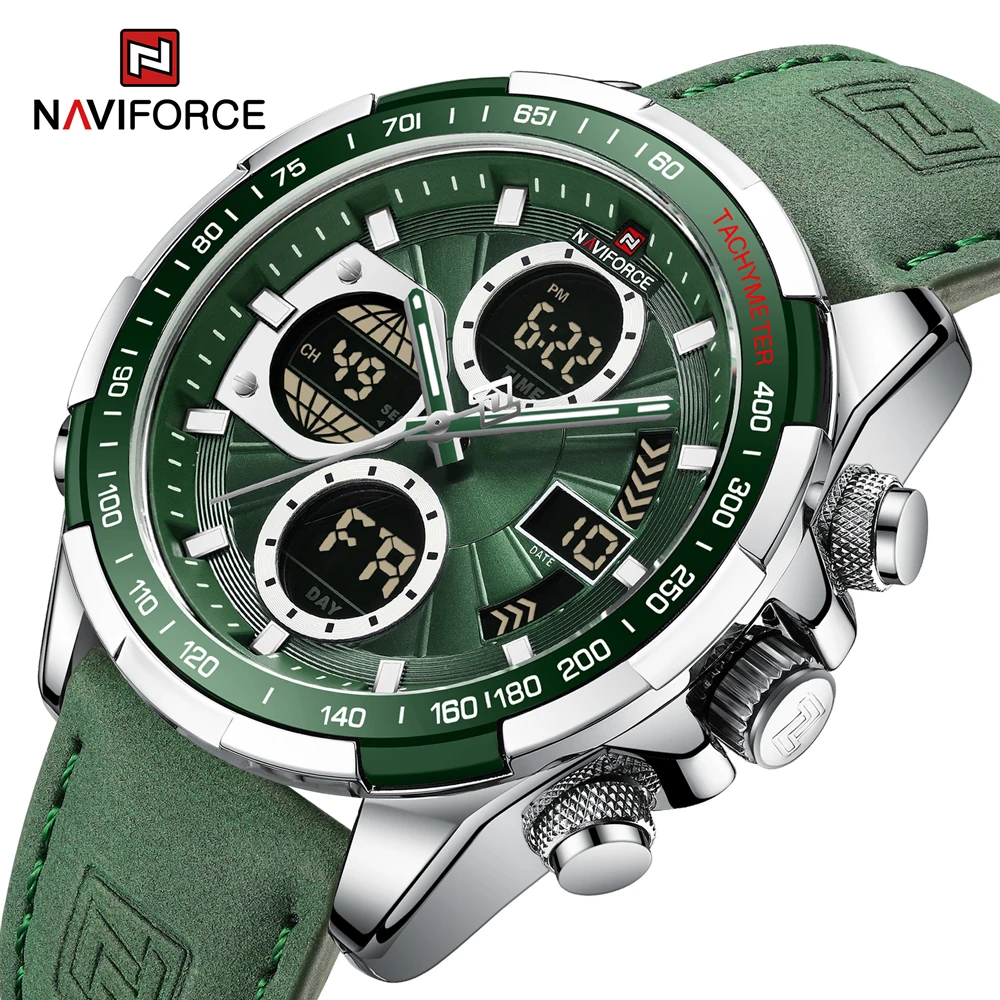 

Top Brand Luxury Men Wrist Watch Green Leather Band High Quality Quartz Watches Sports Waterproof Digital Multifunction Clock
