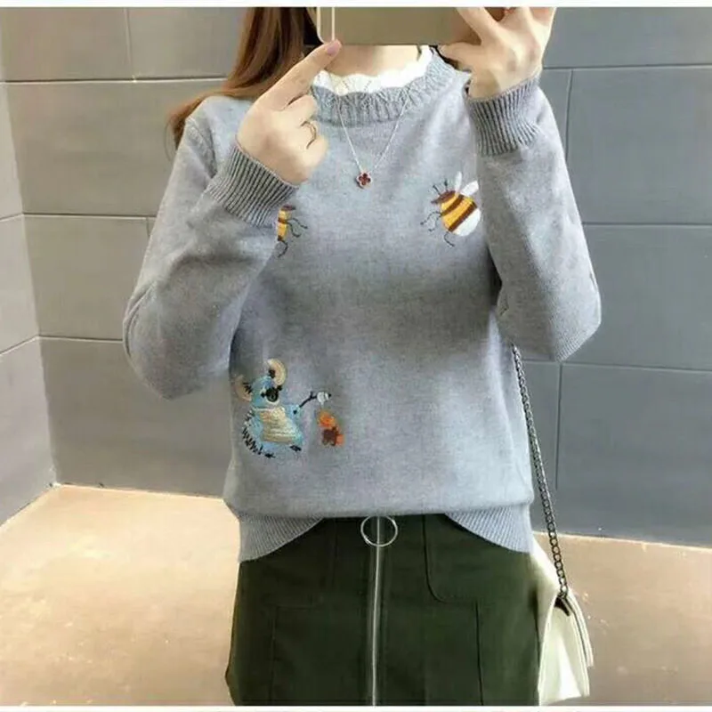 

Ladies pullover top new knit top bee printing knitwear warm sweater