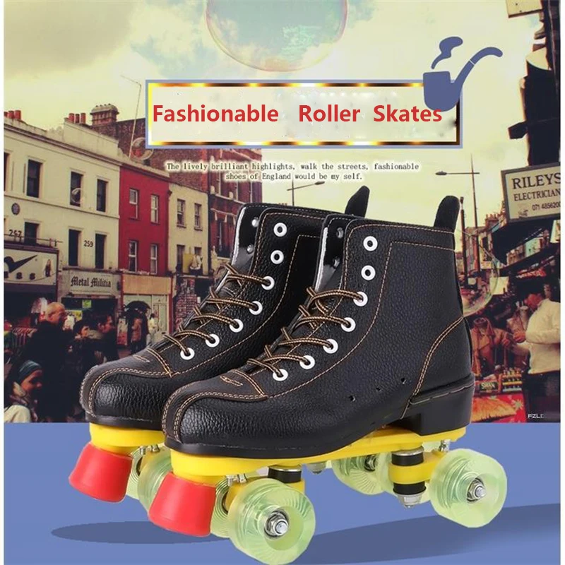 Artificial Lether 4-Wheels Roller Skates Man Woman Outdoor Skating Shoes