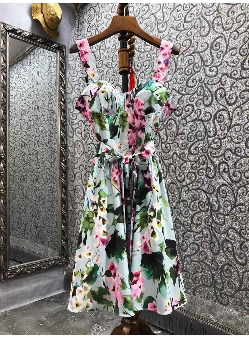 Novia Party 2022 Spring Summer Dress High Quality Lady Spaghetti Strap Colorful Floral Print Elastic Back Sleeveless Cute Dress