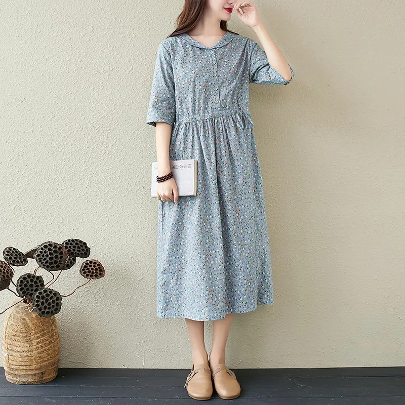 

100% Cotton Women Summer Casual Dress New Arrival 2021 Preppy Style Peter Pan Collar Mori Girls A-line Long Dresses S3927