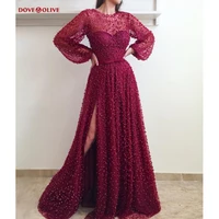 2021 burgundy evening dresses luxury dubai beaded lace with puffy long sleeves side split bling pearls bow prom gowns long