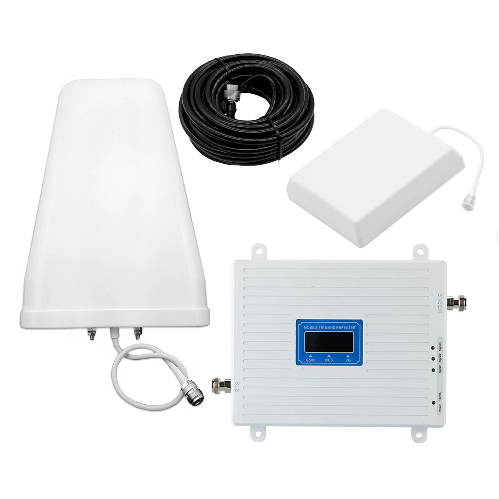 

100-240V Tri Band Amplifier 900 1800 2100 GSM DCS WCDMA 2G/3G/4G LTE Universal Signal Booster Intelligent Tri-band Repeater Kit