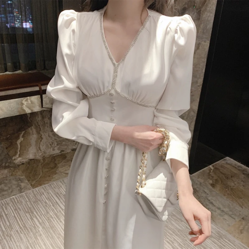

women Elegant white dress spring autumn sexy V-neck trim single-breasted pleated mid-length puff sleeve dress ladies party dress