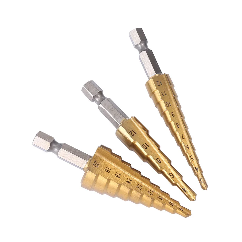 

3pcs high speed steel titanium coated step drill 4-12 4-20 4-32 drill power tool metal high speed steel woodworking taper drill