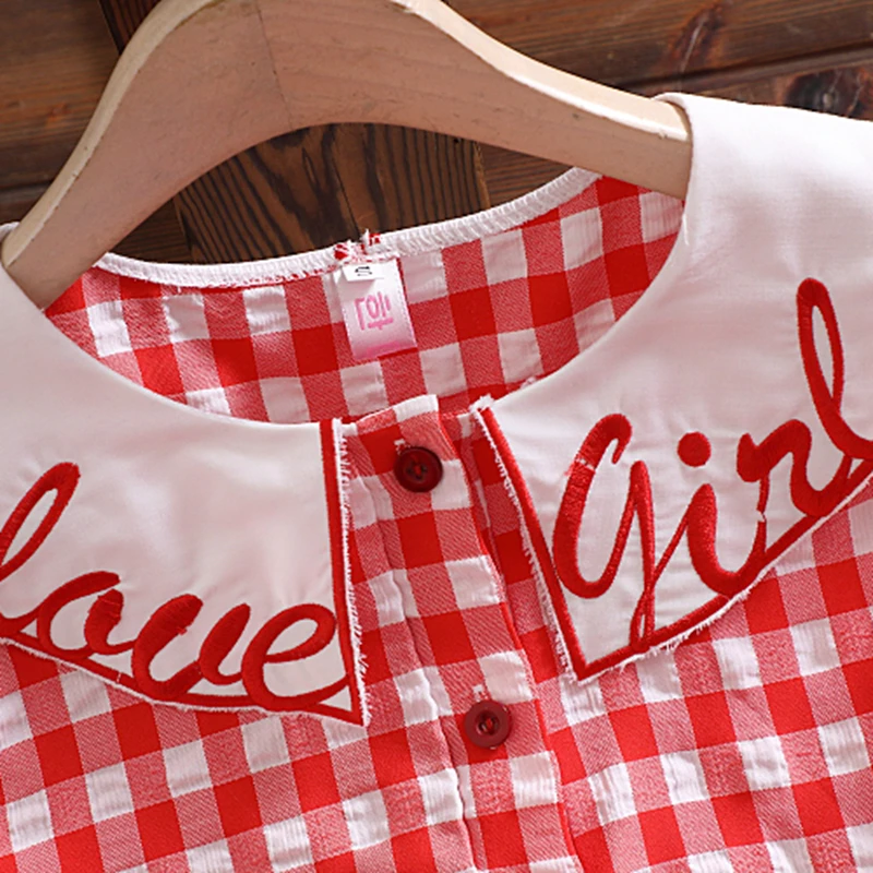 

Women Sweet Short Sleeve Plaid A-Line Dress Female Summer Ladies Color Matching Letter Embroidery Single Breasted Casual Dress