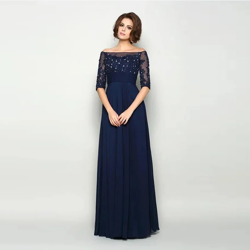 

Charming Navy Blue Full Length Lace Mother of the Bride Dresses Off Shoulder Half Sleeve Applique Beaded Wedding Guest Dress