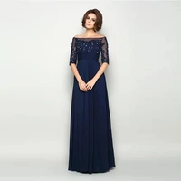 charming navy blue full length lace mother of the bride dresses off shoulder half sleeve applique beaded wedding guest dress