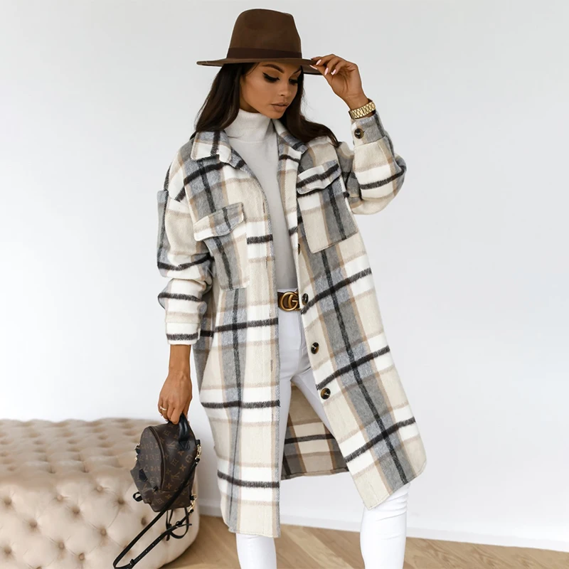 

Autumn Winter Plaid Printed Woolen Coat Women Turndown Collar Long Cardigan Oversized Outwear Feminine Casual Outerwear Jacket