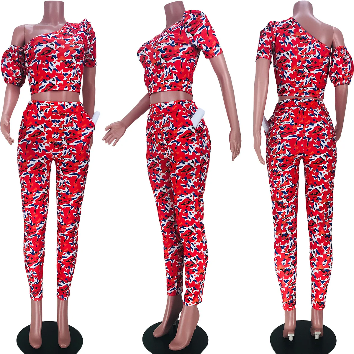 

Women Set 2021 New Leisure Set Bubble Sleeve Skew Collar Women Crop Top and Trousers Two-piece Set Conjunto Feminino Donsignet