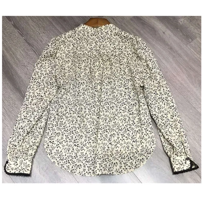 2020 new light yellow floral stand collar ruffled lace trim long sleeve shirt