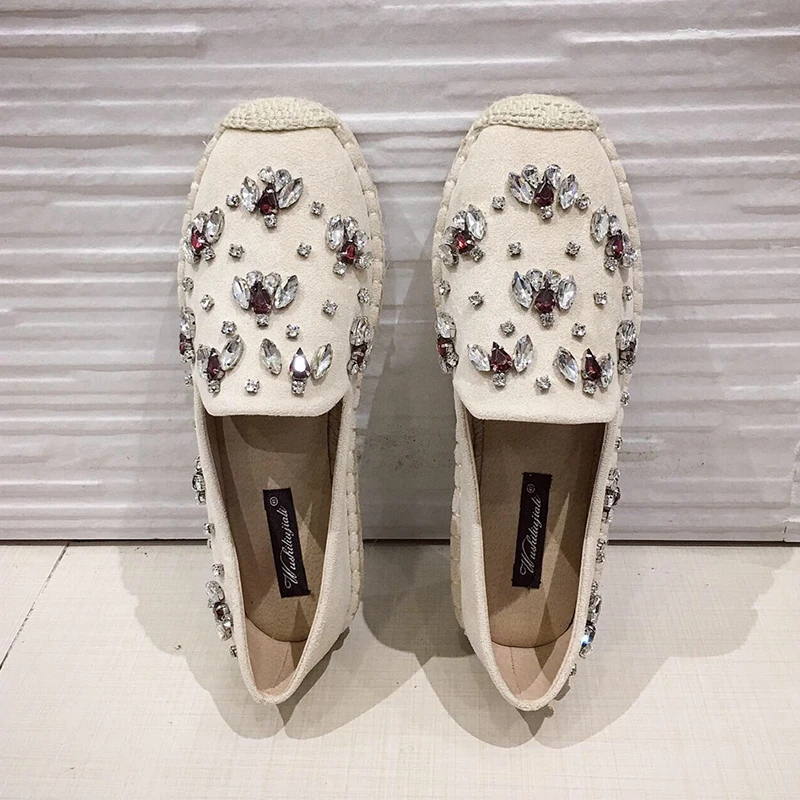 117Beige Fashion Hemp Loafers Women Espadrilles Flats Shoes Sewing Rhinestone Round Toe Ladies Casual Moccasins Slip On Brand Style New - Цвет: 117Beige