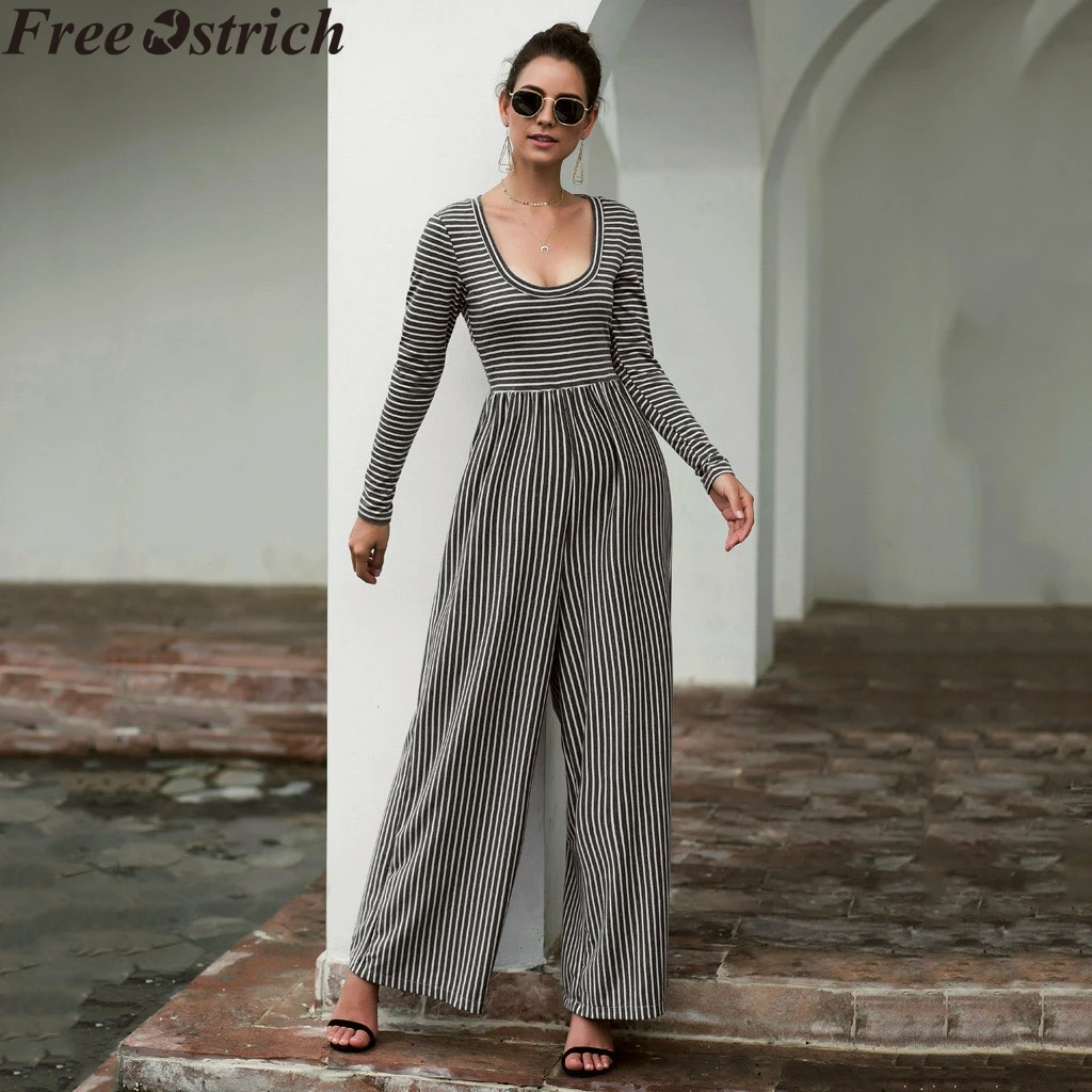 

Jumpsuit Women Summer High Waist Slim Stripe Retro Long Sleeve Beach Wide Leg Romper V-neck Plus Size Long Summer Girl Jumpsuit