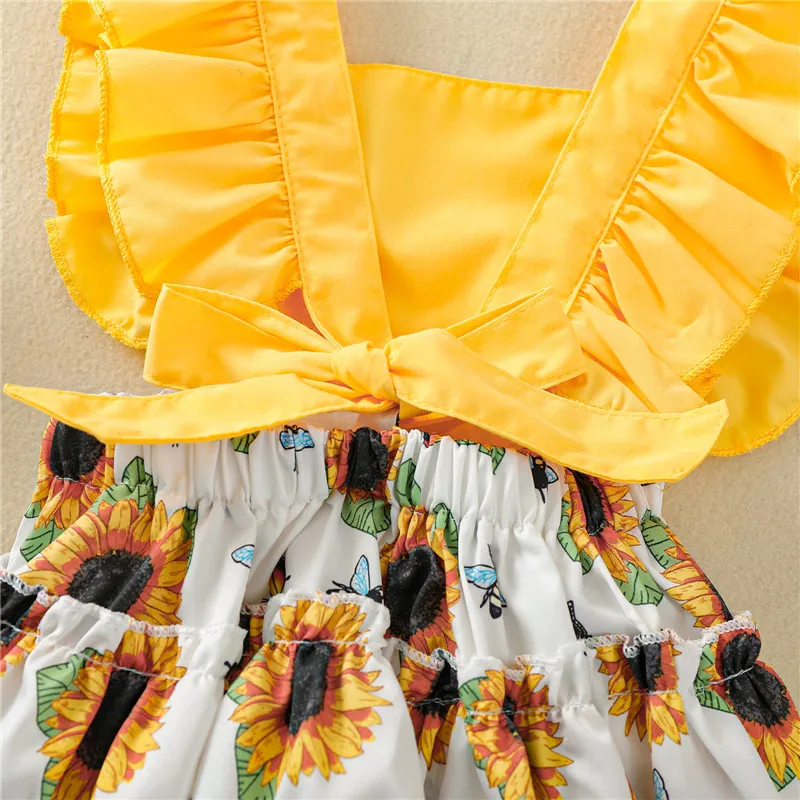 

2 Pieces Kids Suit Set Girls Sunflower Print Square Neck Fly Sleeve Baby Romper+ Headband for Summer