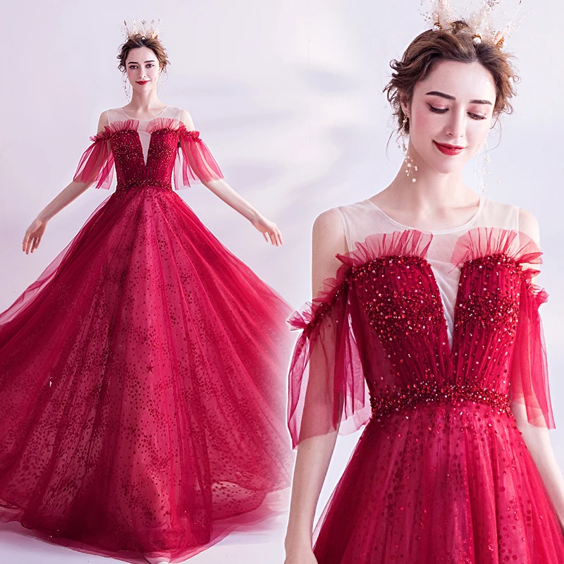 

Long Puff Sleeves Prom Dresses V-Neck Red Chiffon Princess Evening Gowns Women Party Dress Plus Size 2021
