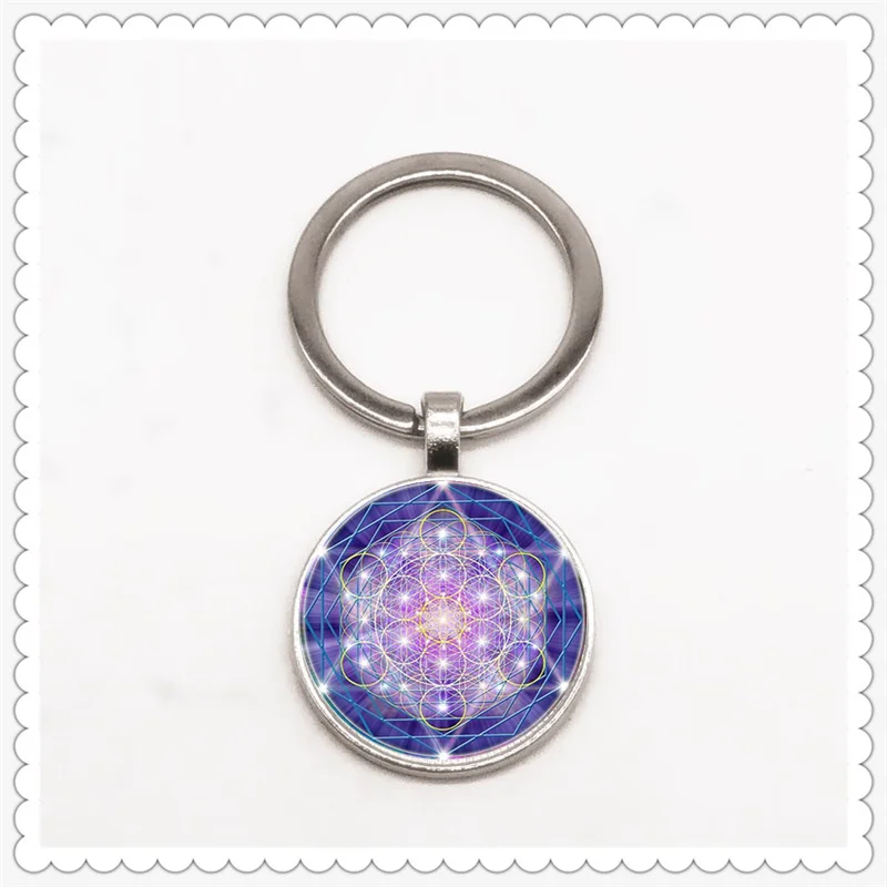 

New blue geometric pattern keychain glass convex round pendant classic fashion men and women keychain gift