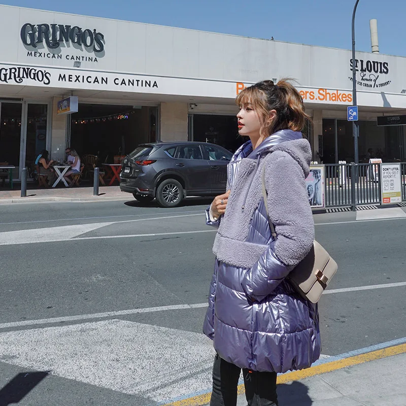 Модная блестящая зимняя куртка из овечьей шерсти женская теплая парка средней