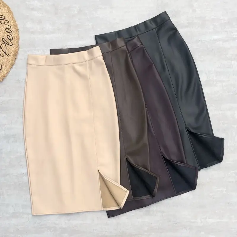 

Autumn new half-length skirt Womens winter PU leather skirt high waist front slit knee-length midi bag hip skirt commuter 2021