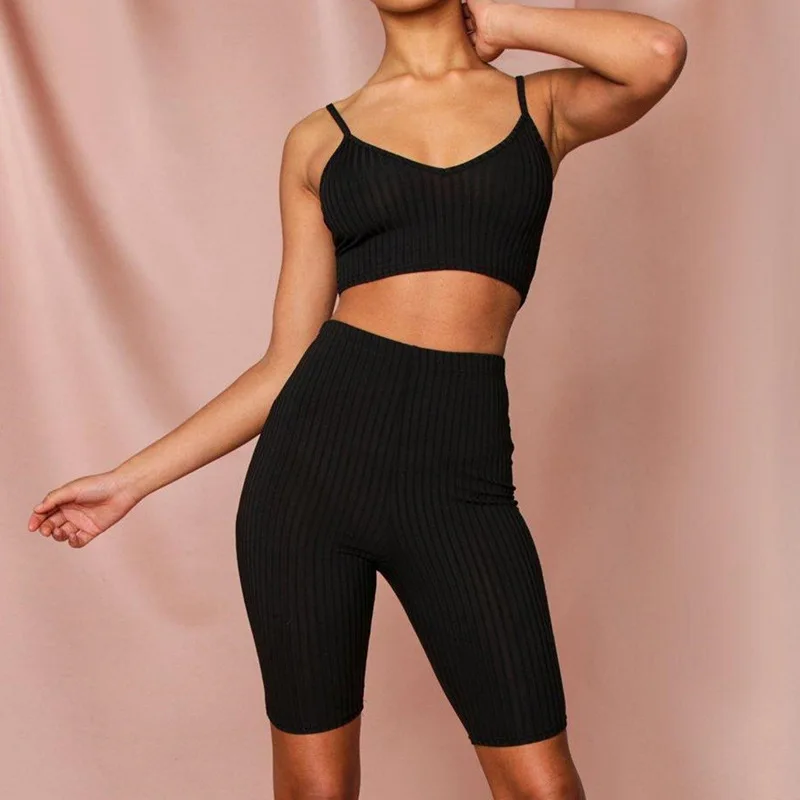 Women Summer Fashion 2020 Two Piece Sets Sexy Spaghetti Strap Short Exposed Navel Camis High Waist Five Pants Casual 2Pcs Set |
