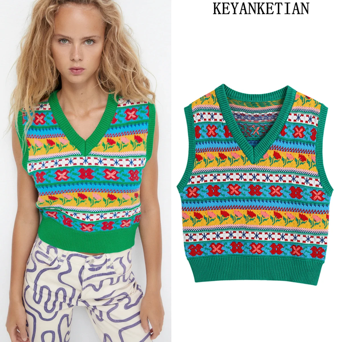 

KEYANKETIAN Za women's new autumn fashion sweater vest retro sweet multicolor loose V-neck flower jacquard knitted vest ladies