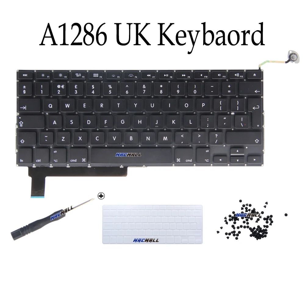 

New A1286 UK Keyboard For MacBook Pro 15" Unibody A1286 MB985 MB986 MC371 MC372 UK Keyboard + Keyboard Cover + Screws 2009-2013