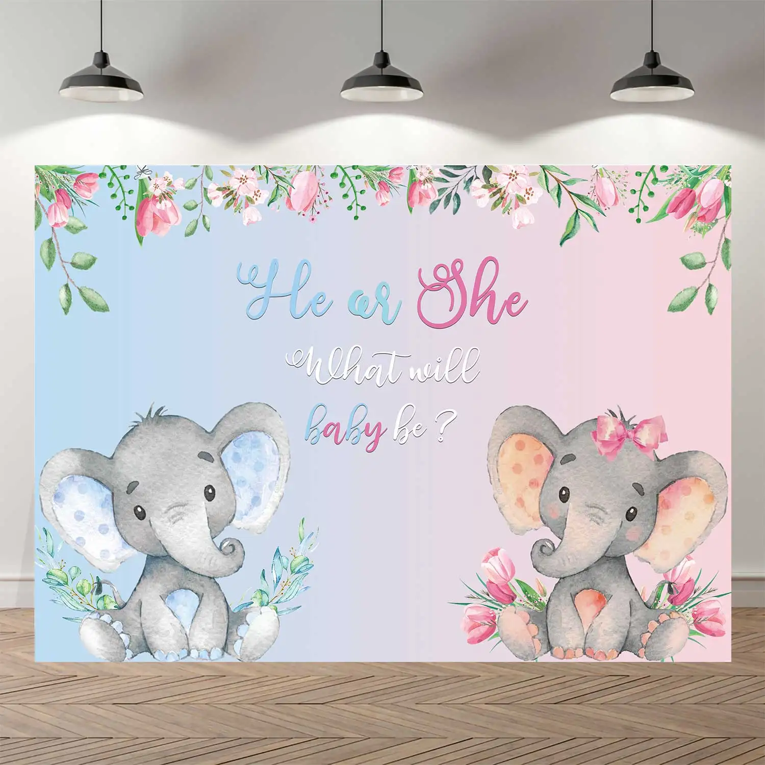

Nitree Elephant He Or She Gender Reveal Backdrop Blue or Pink Flower Baby Shower Banner Boy or Girl Birthday Background Party