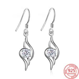 Hot Sale 100% 925 Sterling Silver Angel Wings AAA Zircon Long Fine Earrings temperament Fashion Jewelry For Women Birthday Gift