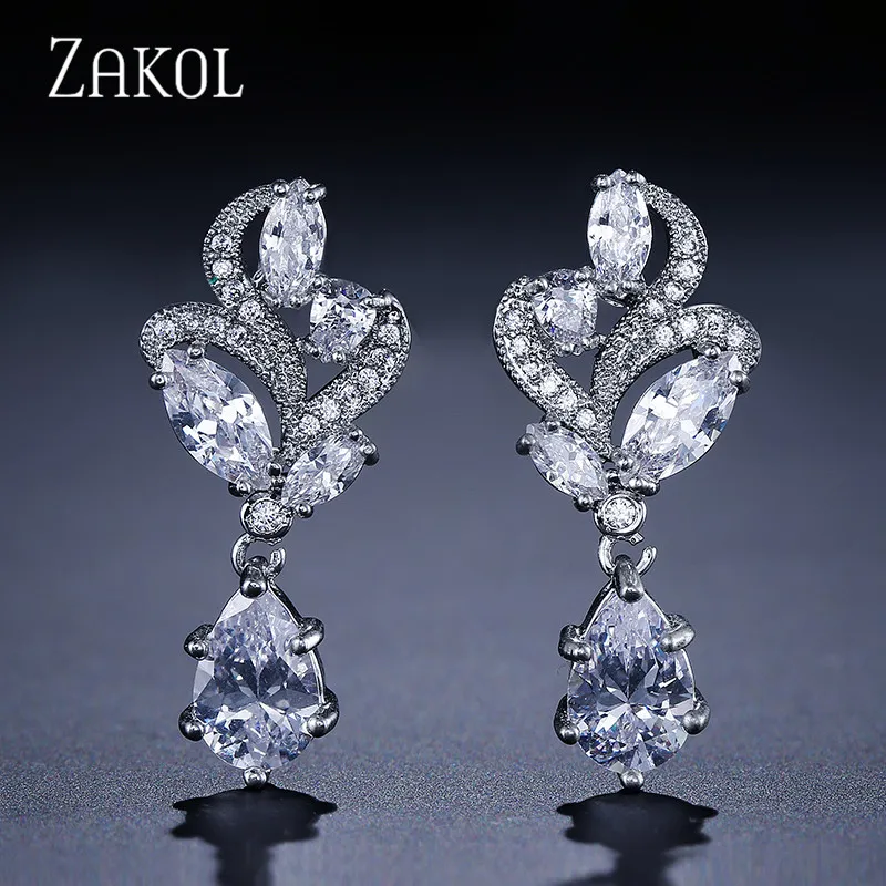 ZAKOL Изысканные Белые циркониевые цветочные ювелирные изделия с модным маркизом