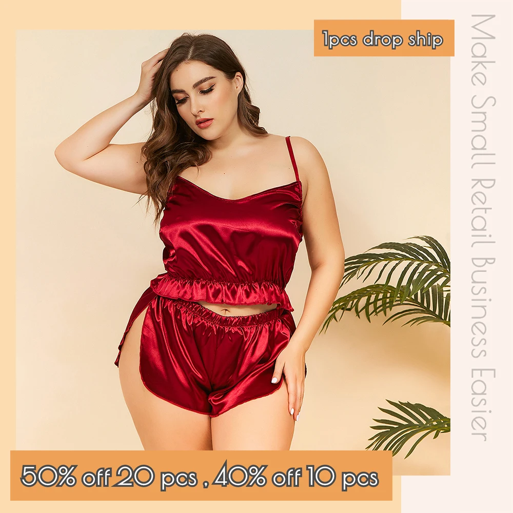 

Plus Size Frill Trim Cami Top With Split Side Shorts Sexy Sleepwear Wholesale Pajamas Women Silk Homewear CT Market