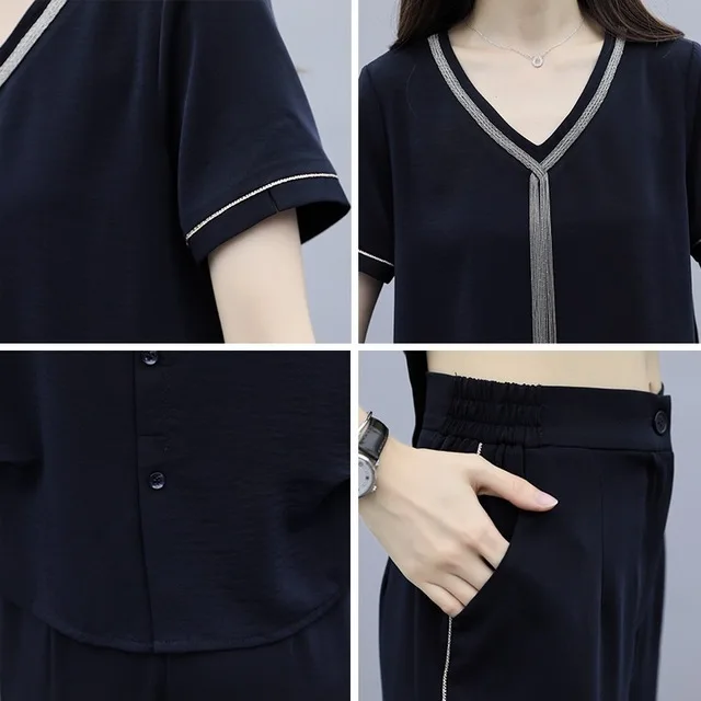 

Women Chiffon Pant Suits Formal Office Lady Business Work Pantsuits Summer Short Sleeve Blouse Top Wide Leg Pants Two Piece Set