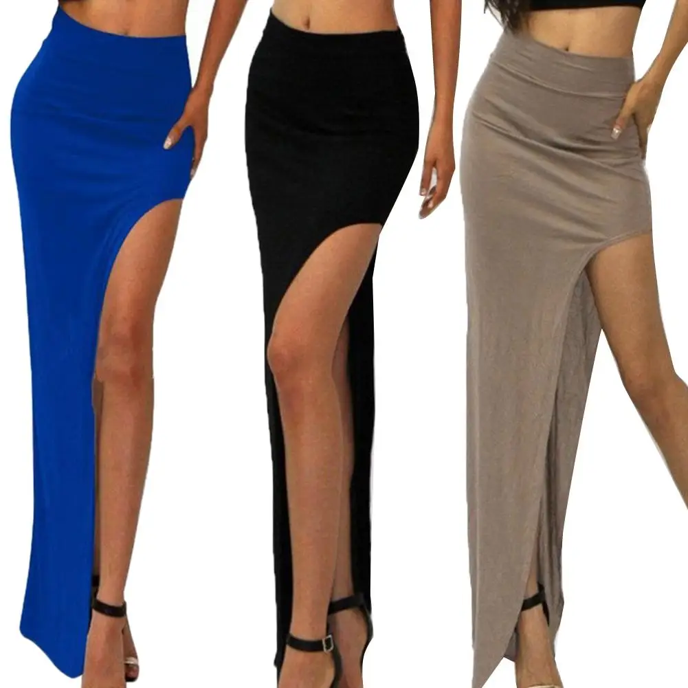 Юбка женская трикотажная однотонная эластичная с высокой талией разрезом по