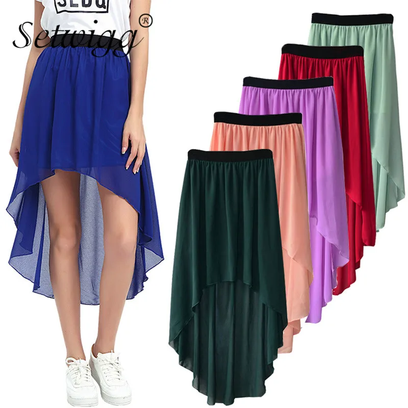 

FAKUNTN Summer Bohemian Style Dip Hem Long Chiffon Skirts Elastic Waist High Low Long Pleated Asymmetric Chiffon Skirts