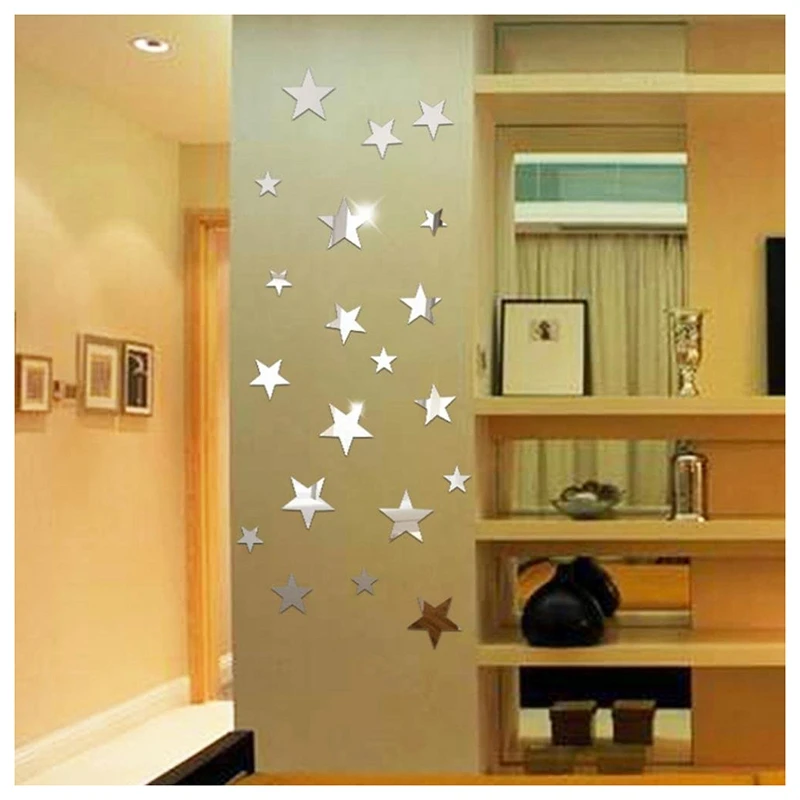 

3D Sticker, 20 X Star Art Mirror Wall Sticker Surface Decal Home Room DIY Art Decor (Silver)