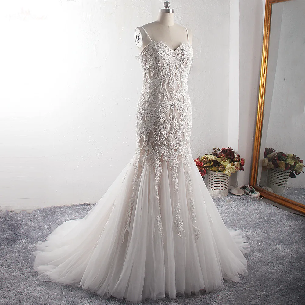 LZ376 Luxury Bling Bead Pearls Wedding Dress Spaghetti Straps Sweetheart Neck Sleeveless Mermaid Sequin Lace Beach | Свадьбы и