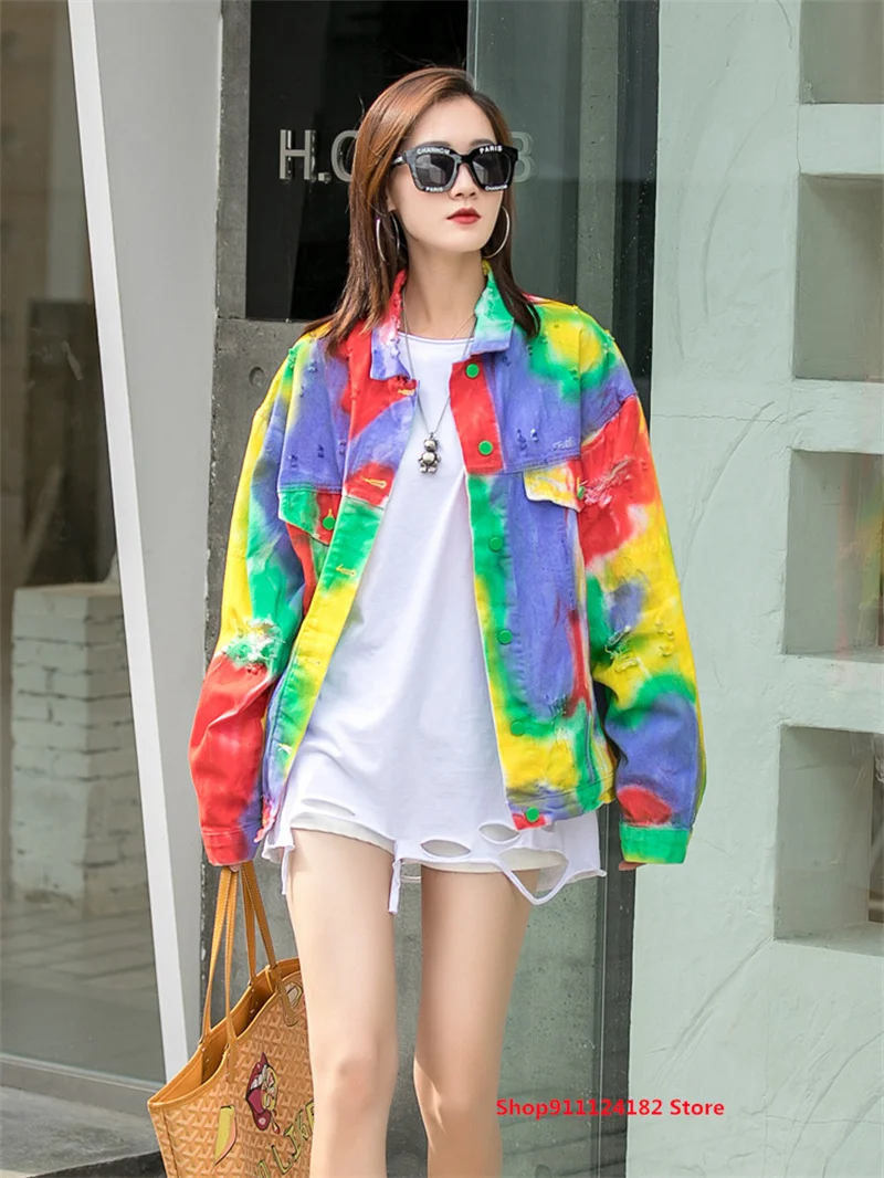 

Европейские товары, модная джинсовая куртка для тяжелой промышленности с потертостями, Женский Осенний Свободный кардиган с длинными рука...