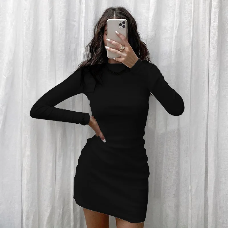 

Women Autumn Sheath Dress Adults Sexy Solid Color Long Sleeve Round Neck