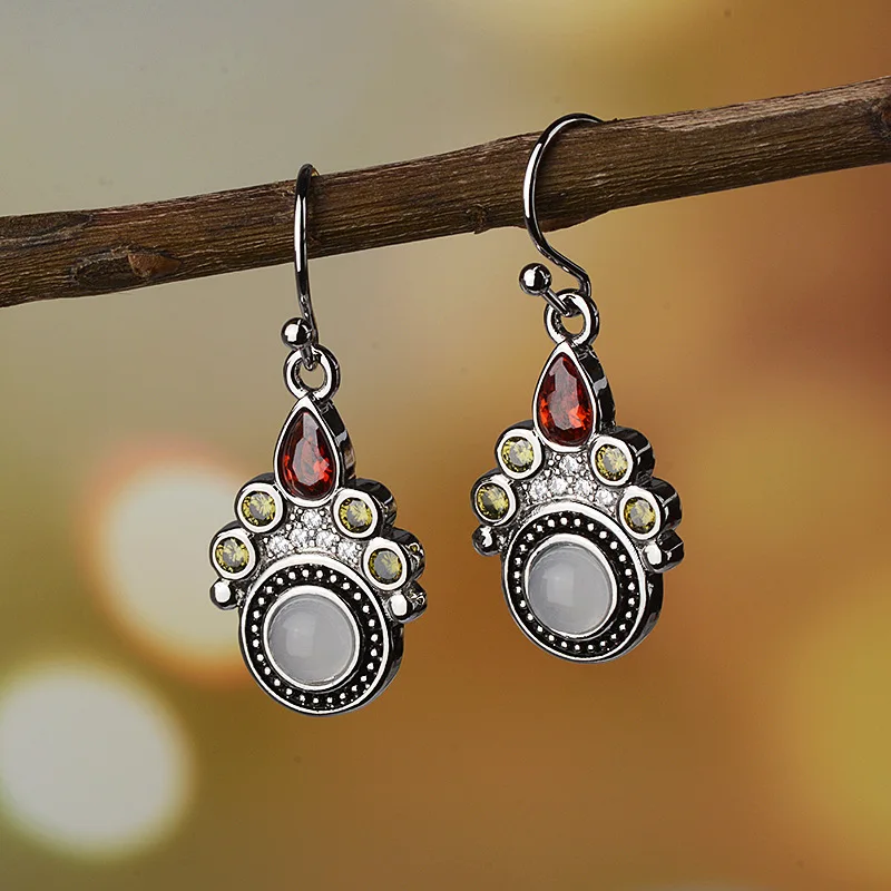red Bague Ringen, винтажные темпераментные Серьги с драгоценными камнями для женщин, лунный камень в форме капли, рубиновое серебро, 925 ювелирные изделия на годовщину - Цвет камня: red