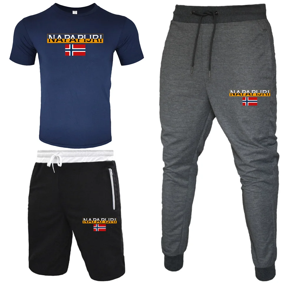 

2021 brand summer new men's T-shirt + sports pants + shorts three-piece summer leisure sports fitness running clothes