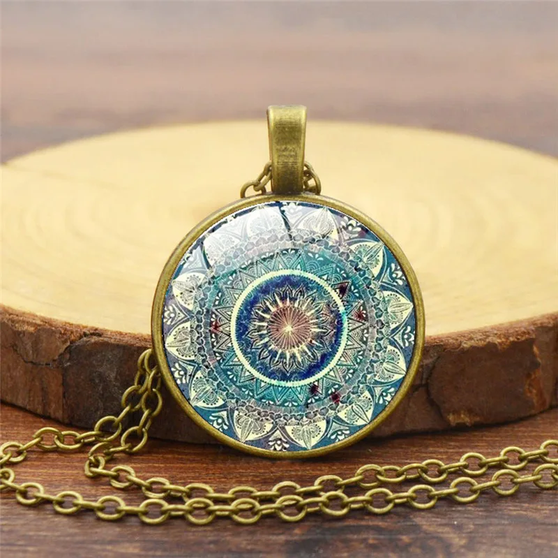 

Buddhism Chakra Glass Dome Cabochon Pendant Necklace Om India Yoga Mandala Necklaces for Unisex Gift Friendship Jewelry