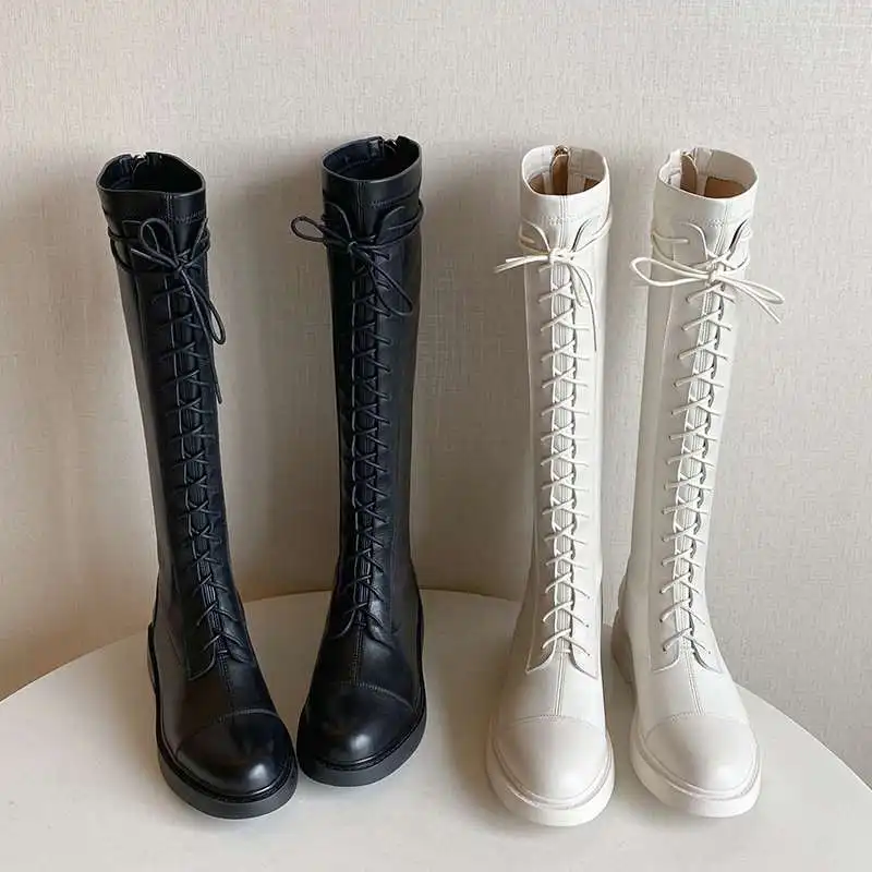 

Lanxuryee natural leather round toe low heel comfortable riding boots Korean street pretty girls charming knee-high boots L03