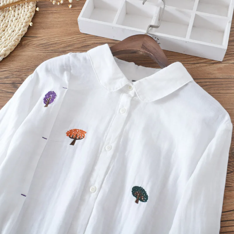 Вышивка деревья белый Хлопковый вязаный узор с длинными рукавами Питер Пэн